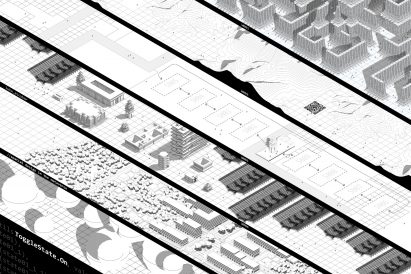 A series of black and white axonometric drawings ribboned across the page by a student at Tulane University