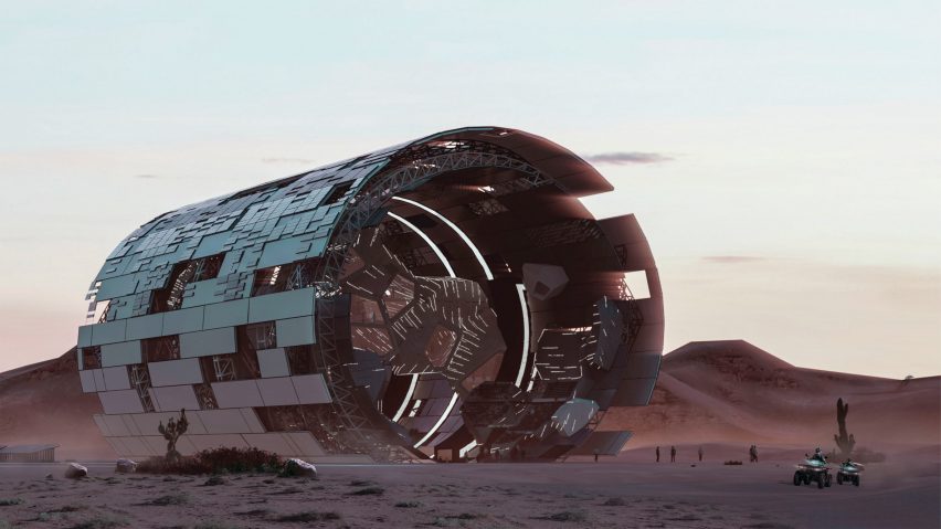 Render of a large sci-fi cylindrical structure in the dessert
