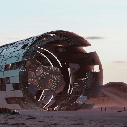 Render of a large sci-fi cylindrical structure in the dessert