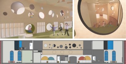 Two renders and an elevation of a children's play area design