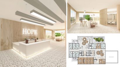 Two renders and a plan of Melika's children hospital design