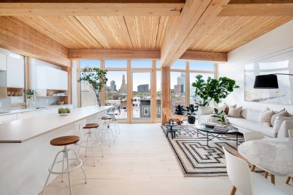 living room with wooden ceilings and skyline in background