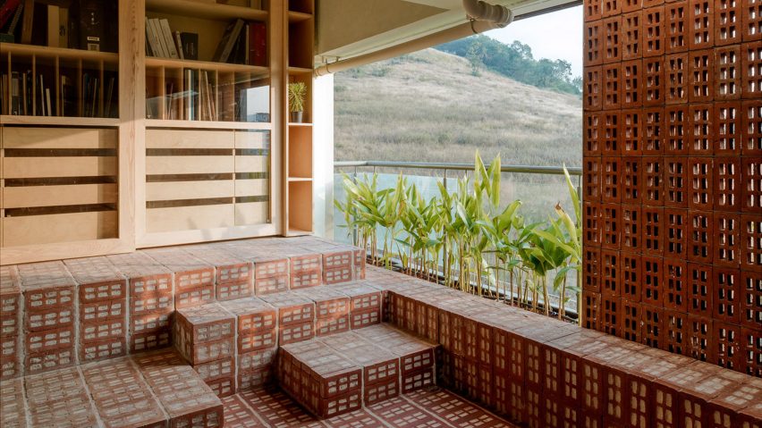 Seating made from perforated bricks in Mind Manifestation's self-designed studio in Pune, India
