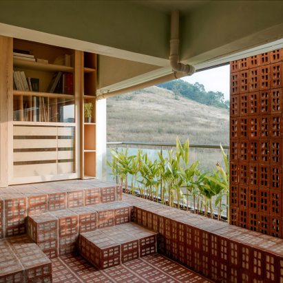 Seating made from perforated bricks in Mind Manifestation's self-designed studio in Pune, India