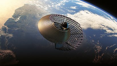 A circular space station floating above earth