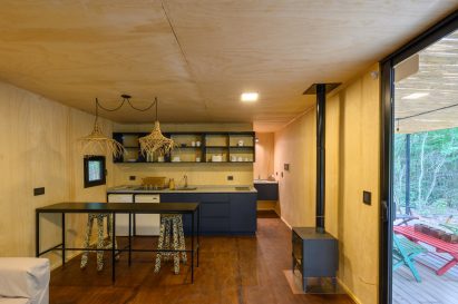Plywood-lined kitchen