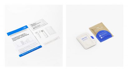 A rendering of Morrama's biodegradable Covid-19 test concept beside a photo of the NHS Covid-19 lateral flow test