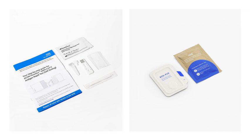 A rendering of Morrama's biodegradable Covid-19 test concept beside a photo of the NHS Covid-19 lateral flow test
