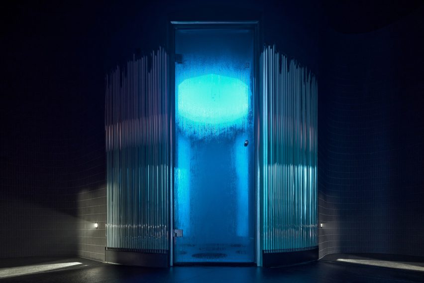 Exterior of cryosauna with blue interior illumination