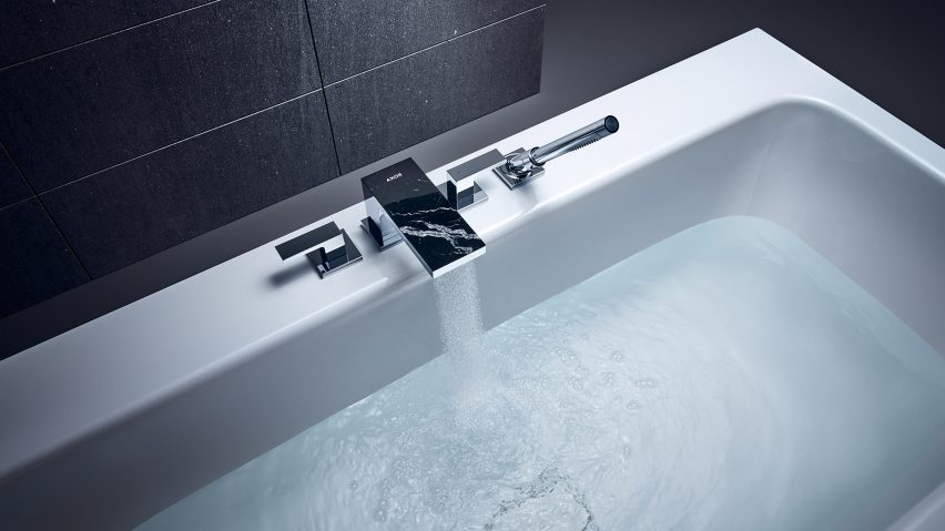 Silver-coloured MyEdition tapware collection by Phoenix Design for Axor full out water
