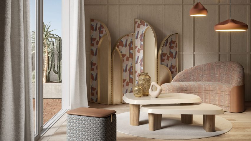 Najd fabrics used as furniture upholstery in an earth-toned living room
