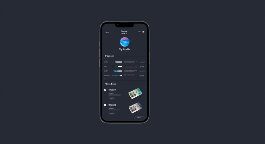 Rendering of phone screening showing the profile set-up for a microdosing product