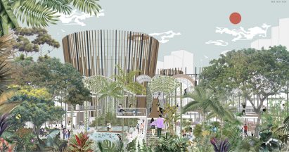 Architectural render of an outdoor pavilion with trees and planting by student at Taylor's University