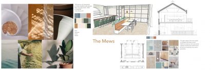 Moodboard, section drawing and render of A Community for Healthcare Workers by Nina Jorden