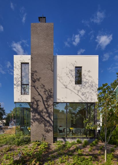 Stucco, wood and brick