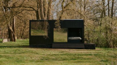 Exterior image of wood-lined cabin