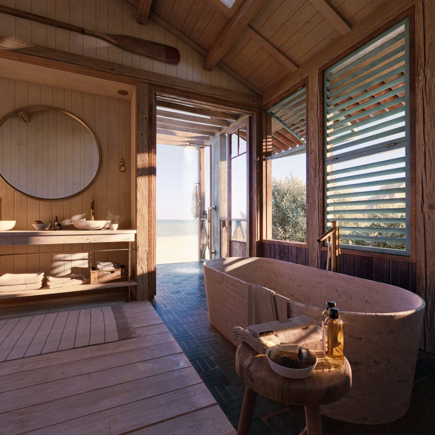 Coastal bathroom with wood panelling bySarah Poniatowski