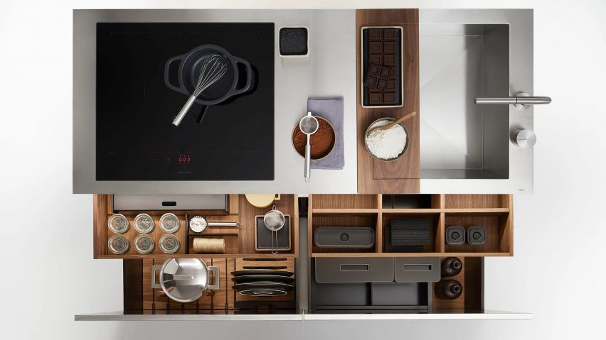 OVerhead view of kitchen island with drawers open