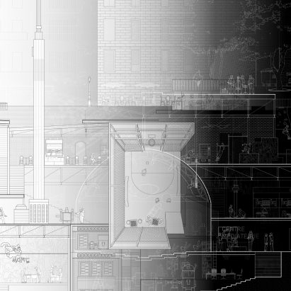 Black and white architectural section drawing