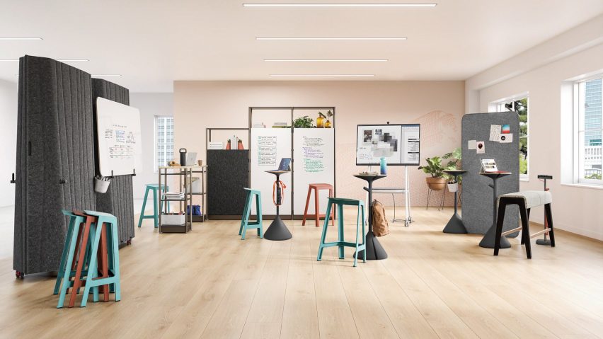 Different colours of Flex Perch stools used in a workspace