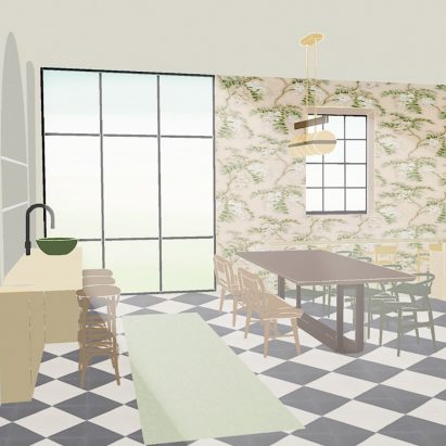 Render of an open plan kitchen and dining space with black and white tiling