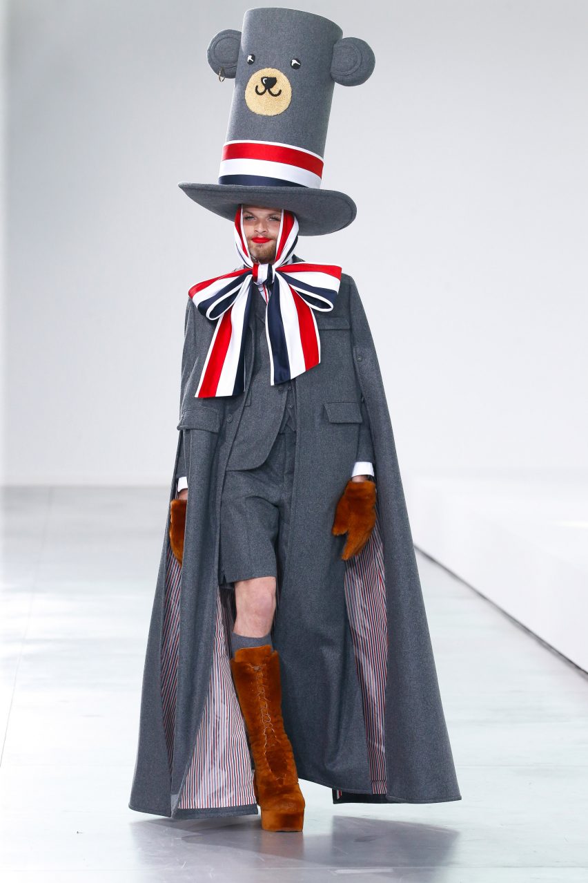 Model wears teddybear hat at Thom Browne show