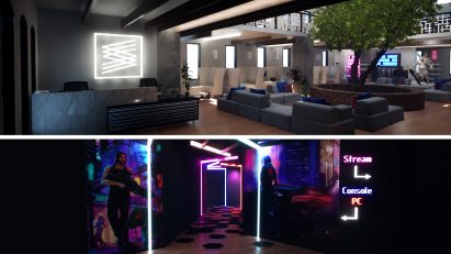 Three dark interior renders of a game centre design