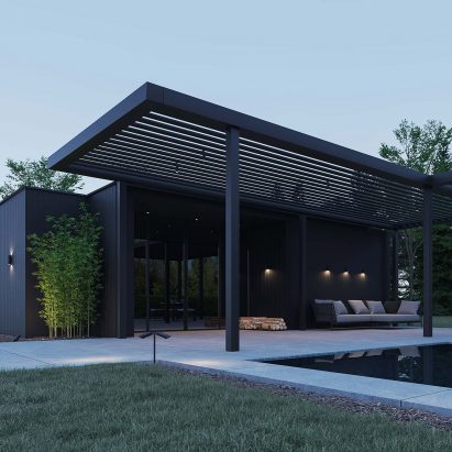 Yori IP66 outdoor lights by Reggiani placed on the exterior of a modern black building