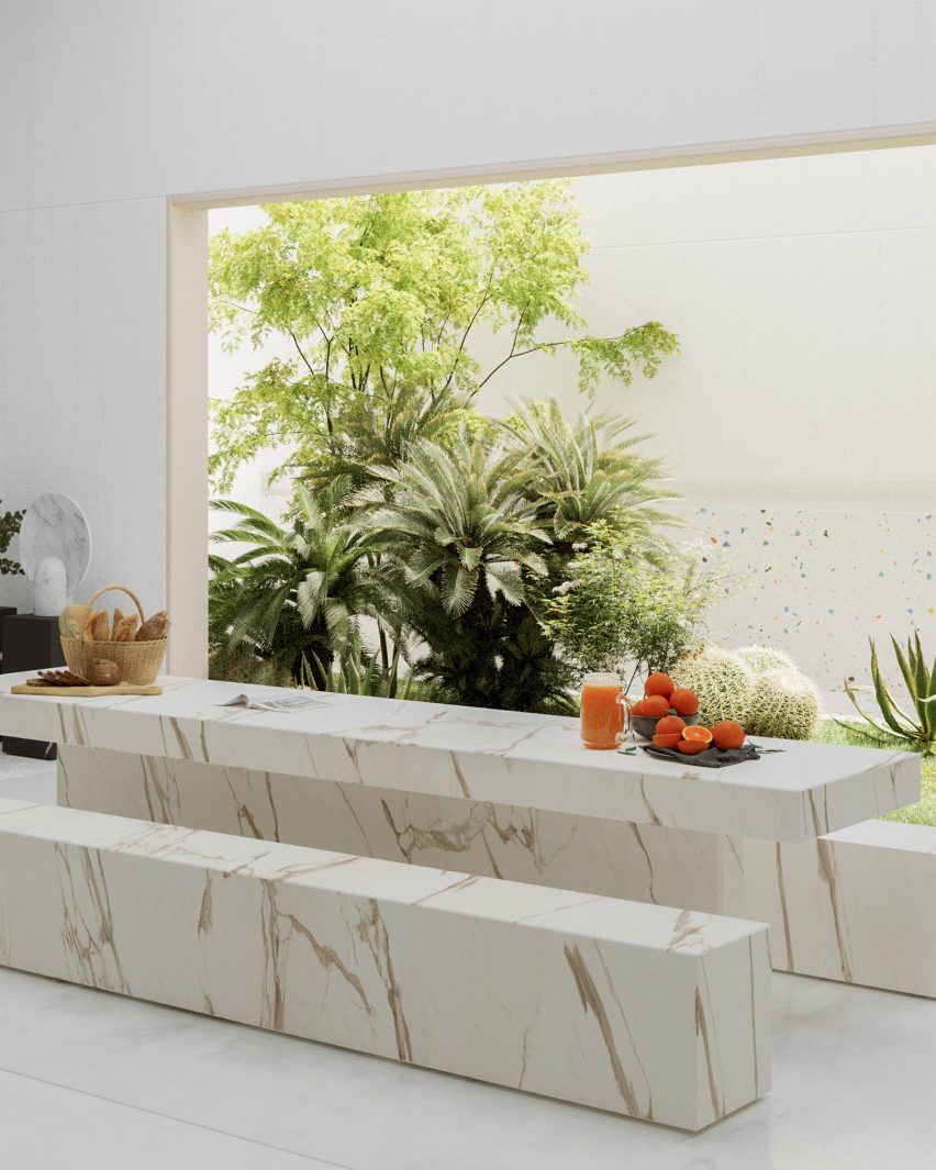 Dining tables and benches in marble finish