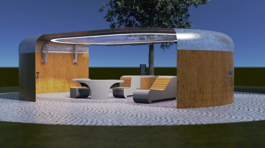 A render of a outside, public kitchen