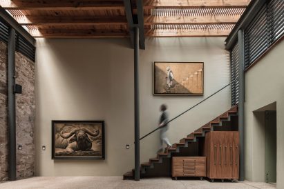 Stairway with ceiling and wooden slats 