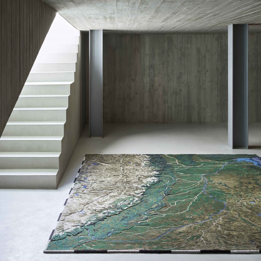Large Ganges river rug in basement with staircase