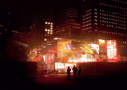 A render of a community hub at night