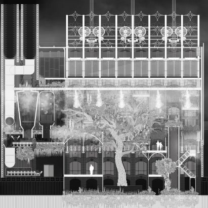 A black and white architectural illustration