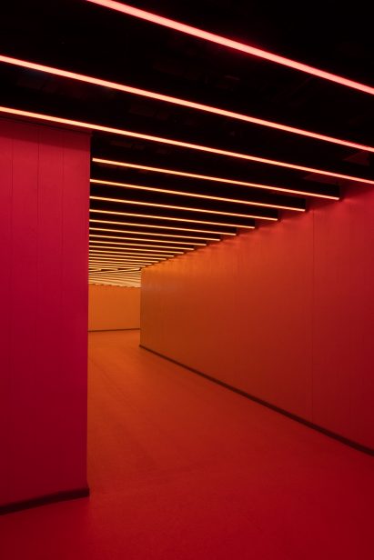 Interior image of a red corridor at the ABBA Arena