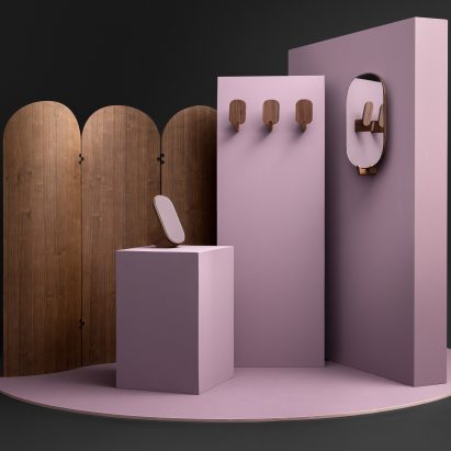 Ad all collection displayed on lavender-coloured backdrops