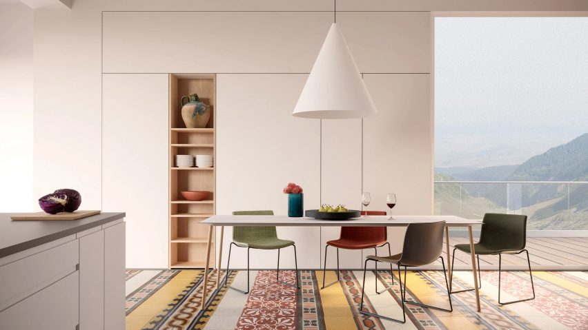 Arper table and chairs in a white kitchen-dining space