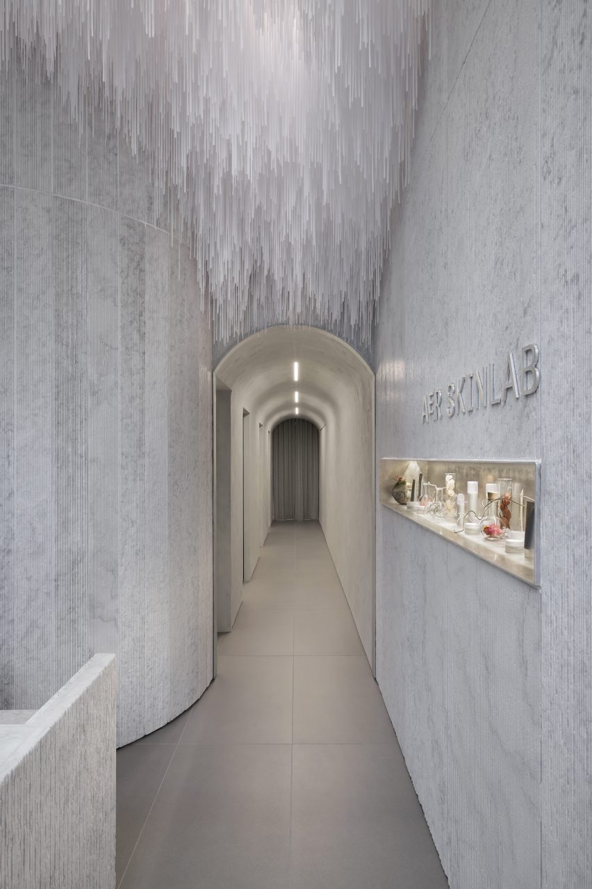 Marble-lined interior of AER Skinlab in Vancouver, designed by Leckie Studio