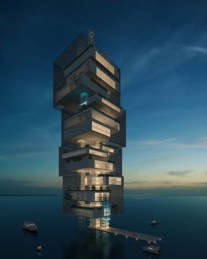 Tower of blocks with a setting blue sky