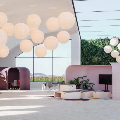 Arcadia dividers by Spacestor in a spacious workspace with spherical lights