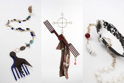 Three images of afro combs and chain designs