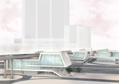 Student architectural project with pink sky background
