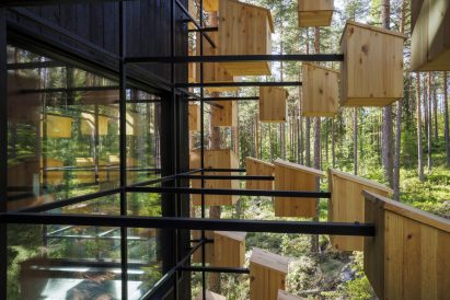 Steel frame supporting birdhouses