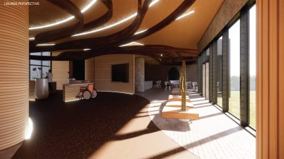 Reception area with curved timber walls and roof by Brock Hubbard at Virginia Commonwealth University