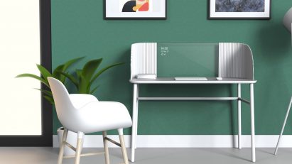 Caelum desk in white with bright green background in a contemporary home interior