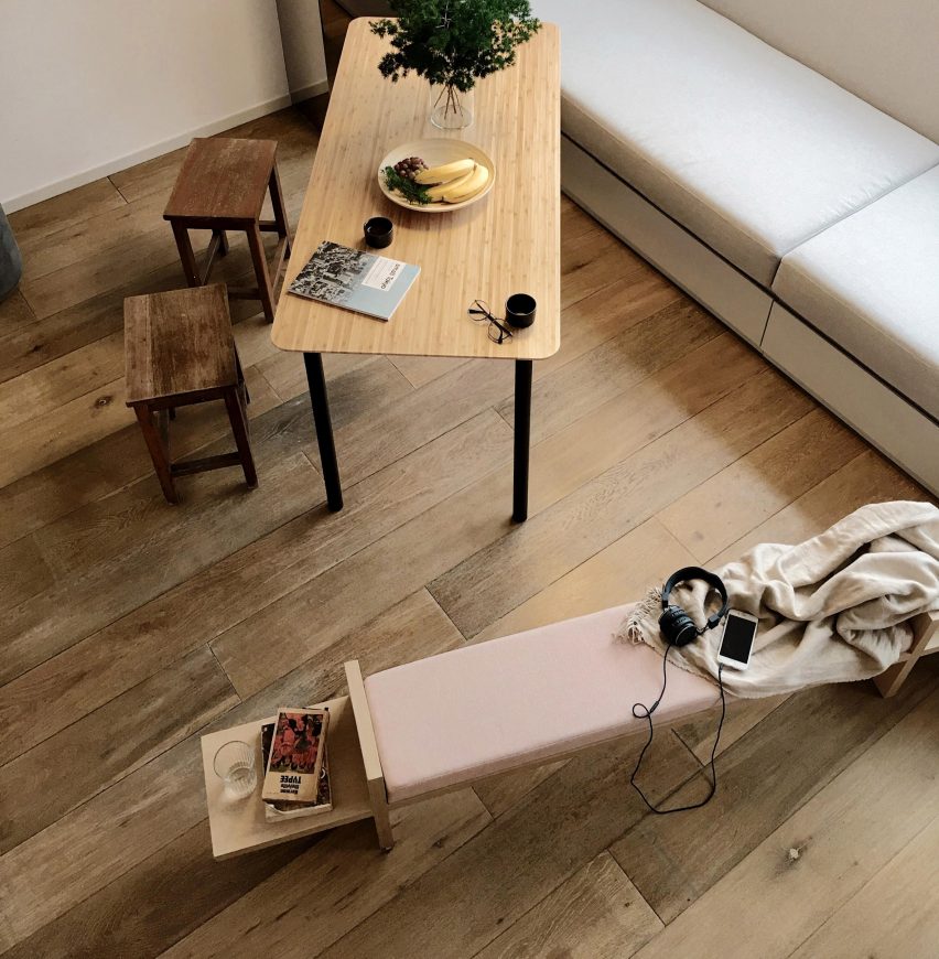 Aerial view of the bench in situ next to a dining table