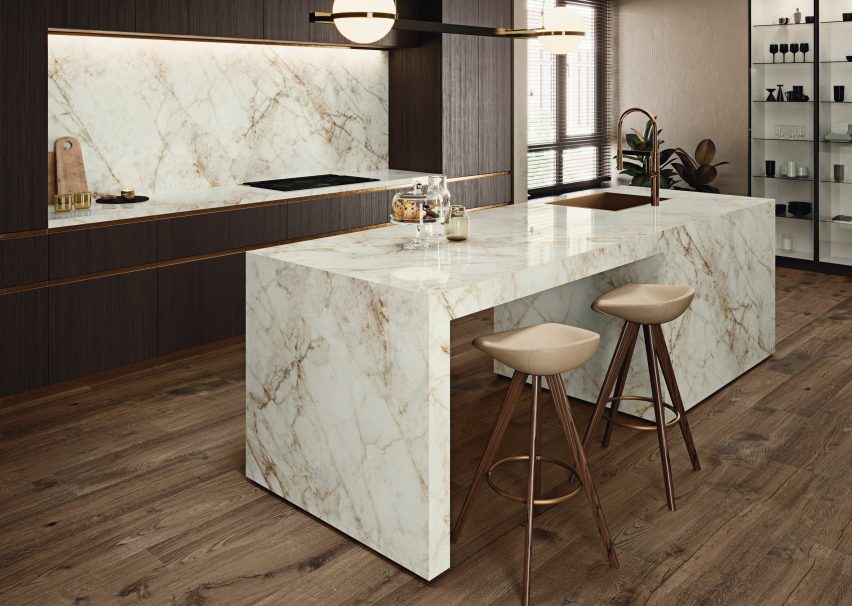 Marble-look tiles by Coverlam covering a kitchen counter