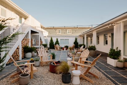 Courtyard populated with Adirondack chairs