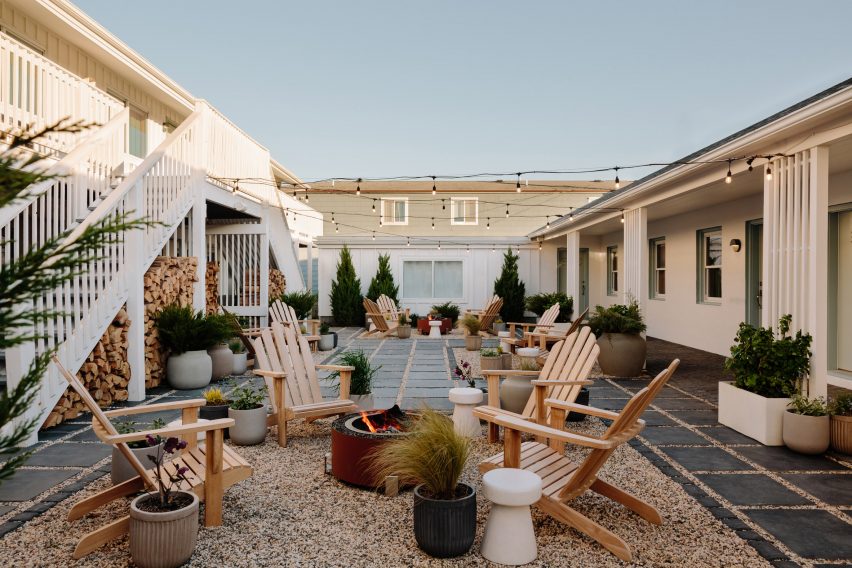 Courtyard populated with Adirondack chairs