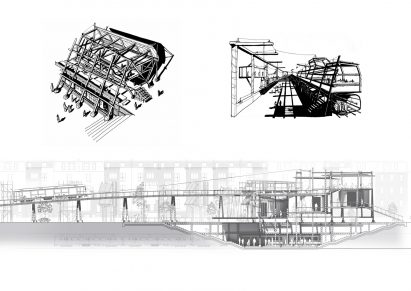  A grey and black graphic design that explores relationships between living conditions and civic spaces